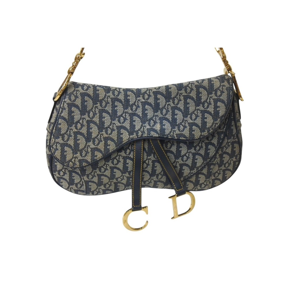 Dior Christian Double Canvas Saddle Trotter Blue Leather Bag Gold Navy - Picture 1 of 8